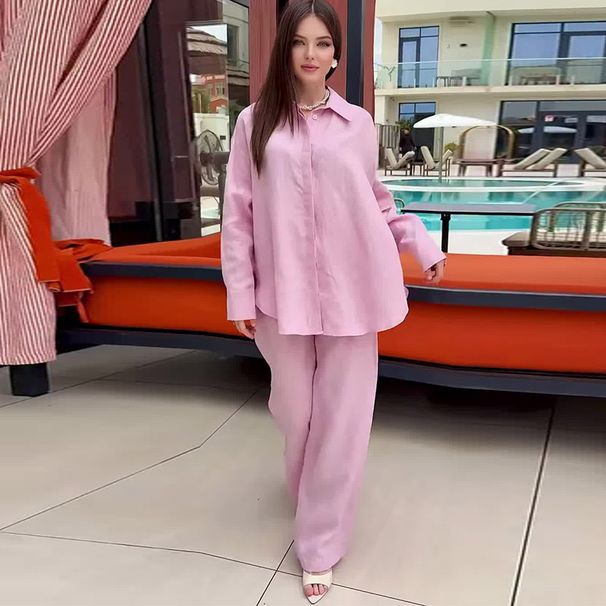 Women's Clothing Summer Fashion Relaxed Cotton And Linen Shirt Suit Summer Loose Sun Protection Shirt Wide Leg Pants Two Piece Suit_ecoleips.com