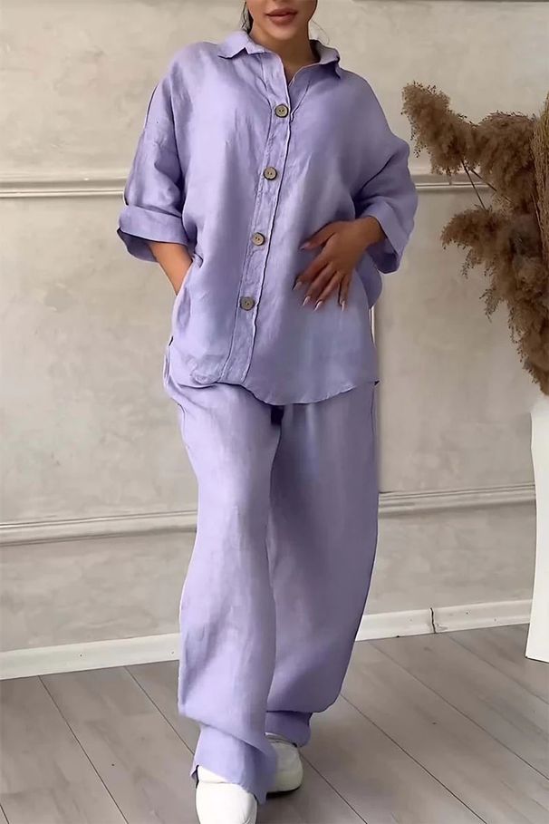 Women's Clothing Women's 2-Piece Plus Size Cotton And Linen Shirt Suit High Waist Loose Trousers_ecoleips.com
