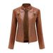 K New Women's Casual Leather Jacket With Stand Collar, European And American Fitted Solid Color Leather Coat_ecoleips.com
