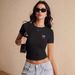 Y2k Letter Print Crop Top – Sexy Fitted Short Sleeve Tee For Women (Xs-Xl, Black Polyester Spandex Blend)_ecoleips.com