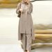 2025 Muslim Women's Fashion Two-Piece Set Elegant Solid Color Side Slit Long Shirt Wide-Leg Pants Outfit_ecoleips.com