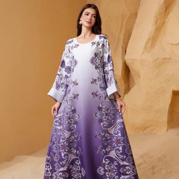 SW2514 New Muslim Women's Long Robe With Printed Rhinestones And Beading, Round Neck Style_ecoleips.com