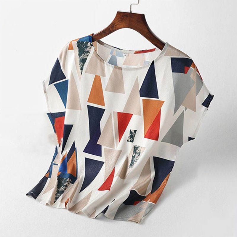 Women's Clothing Ice Silk Fabric New Large Size Women's Summer T Shirt Loose Slim Middle Aged Mother's Dress Printed Temperament Tops For Women_ecoleips.com
