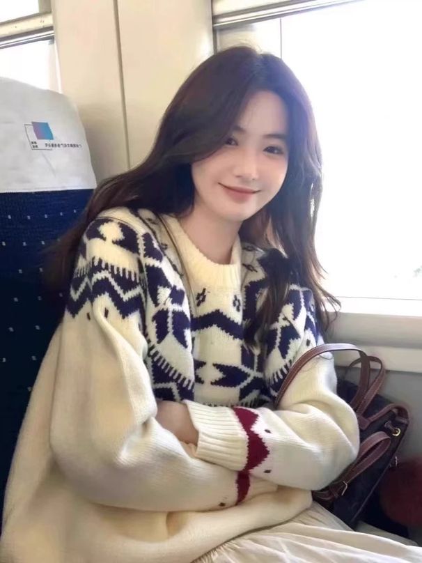 girl Fair Isle Pullover Crew Neck Sweater Women, New Loose Christmas Knitted Inner Layer, Atmosphere Spring Top For Autumn_ecoleips.com