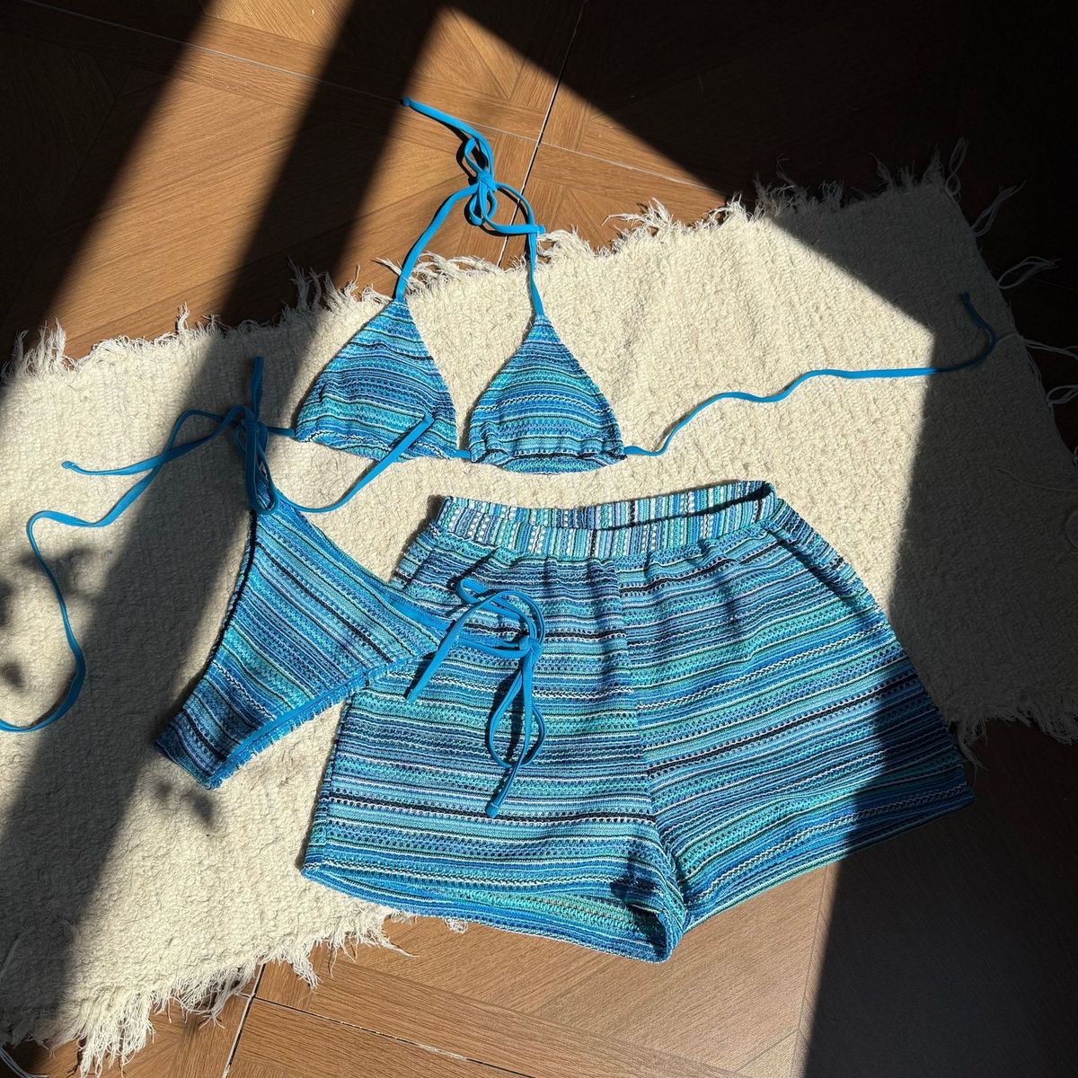 Women's Clothing Women's Knit Halter Bikini Set 3-Piece With Contrast Trims Sexy Beach Swimsuit_ecoleips.com