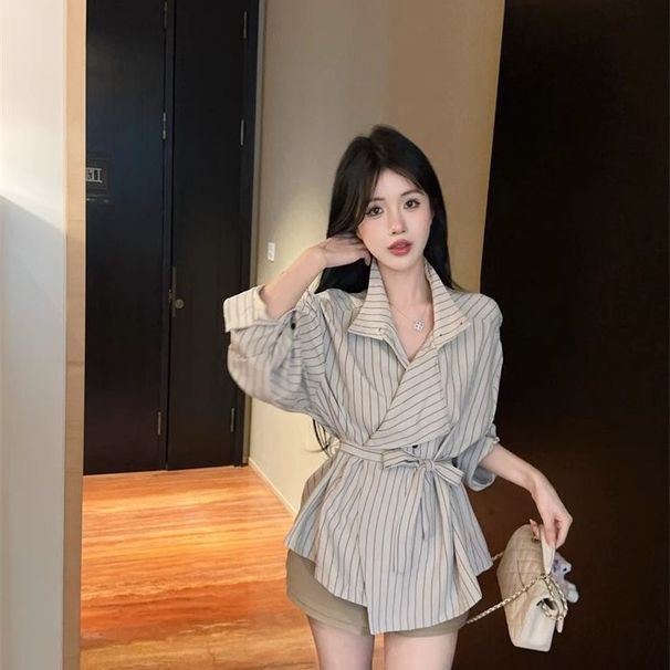 Asymmetrical Tie-waist Striped For Women, Stylish Autumn Stand-up Collar Top, Extremely Beautiful And Stunning Workwear_ecoleips.com
