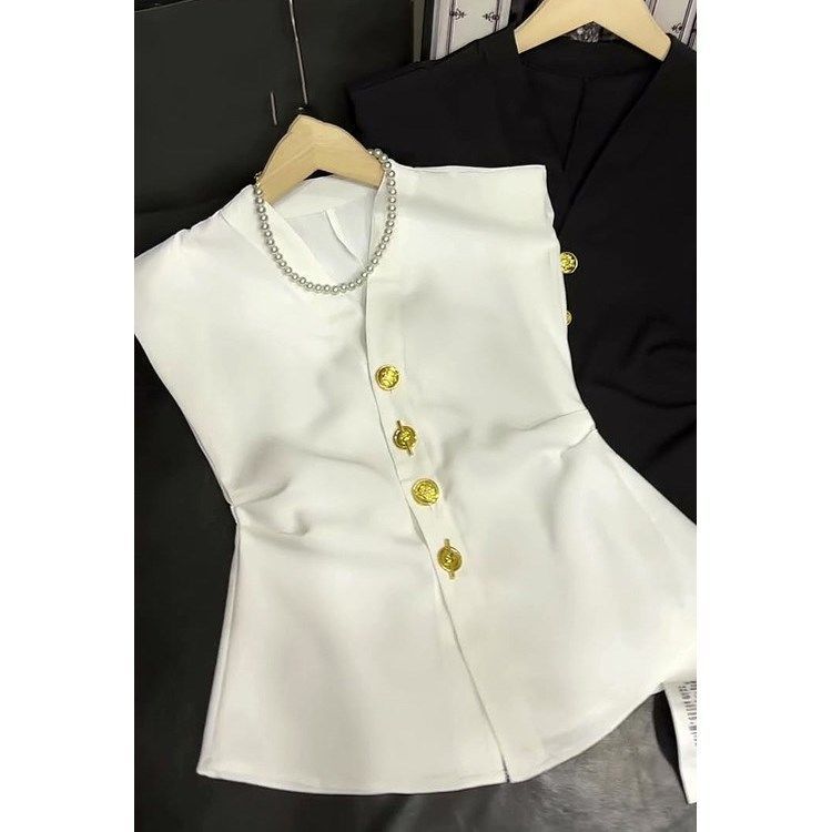 Women's Clothing Fashionable Collar Button Sleeveless Suit Vest Retro Waist Top_ecoleips.com