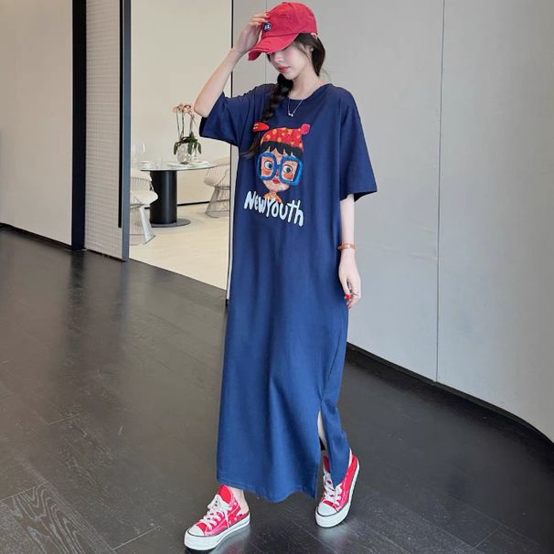 Loose Mid-Length T-Shirt Skirt With Slit Korean Style Casual Summer Dress For Women 18-24 Years Old Polyester Fiber_ecoleips.com