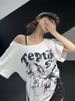 White 100% Cotton Y2k Vintage Oversize Off Shoulder Short Sleeve T Shirt With Print Women Casual Summer Top Butterfly Tees_ecoleips.com
