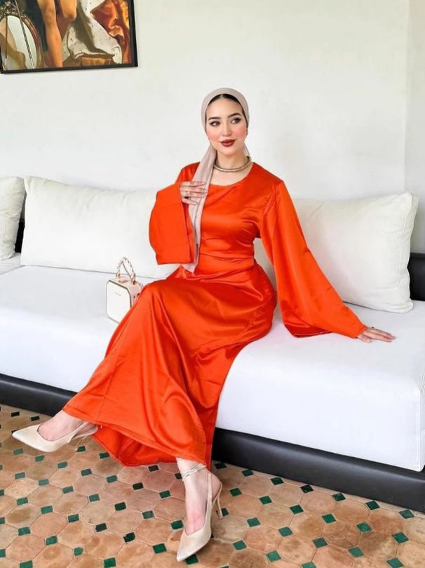 Middle Eastern Robe Dubai Robe European And American Women's Solid Color Satin Long Dress 2025 Spring And Autumn New Long Dress_ecoleips.com