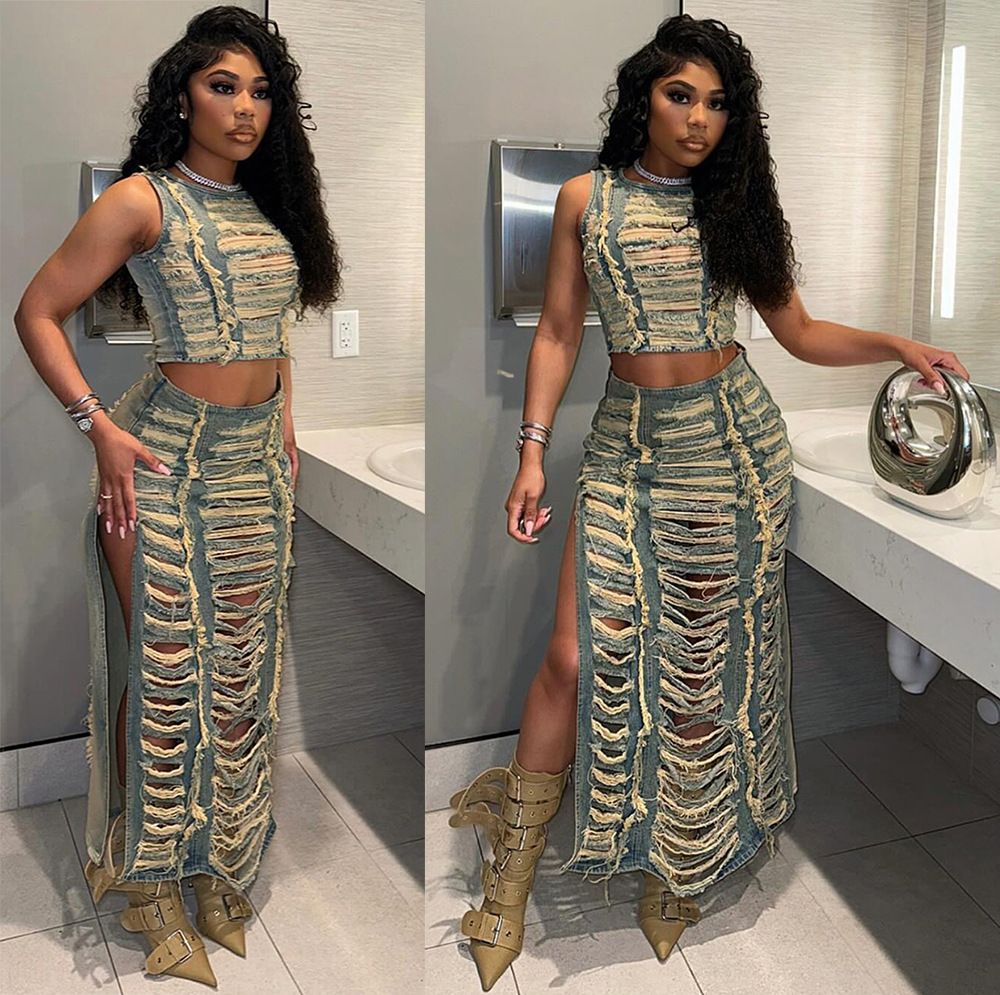 Women's Clothing Women's Denim Suits Women's Clothing Trend Personality Hand Worn Vest Slit Denim Skirt_ecoleips.com