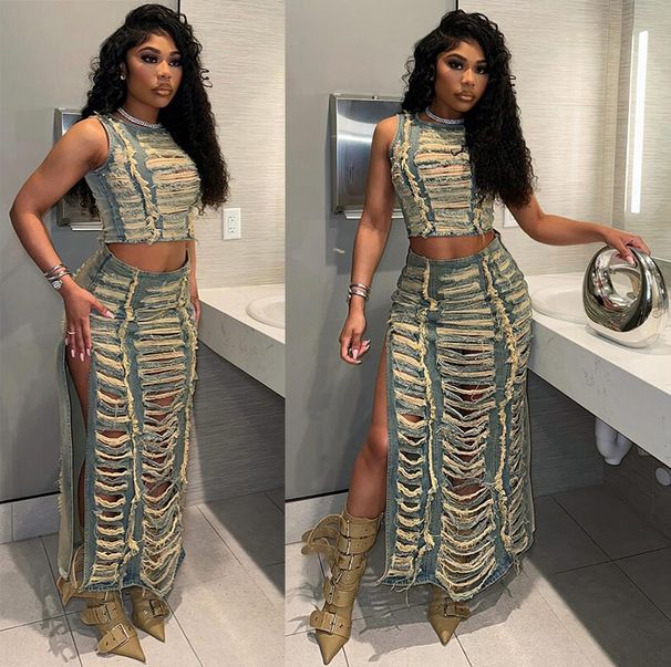 Women's Clothing Women's Denim Suits Women's Clothing Trend Personality Hand Worn Vest Slit Denim Skirt_ecoleips.com