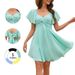 Women's Square Neck Short Sleeve Smocked High-Waist Midi Dress With Back Bow Knot, A-Line Vacation Dress_ecoleips.com