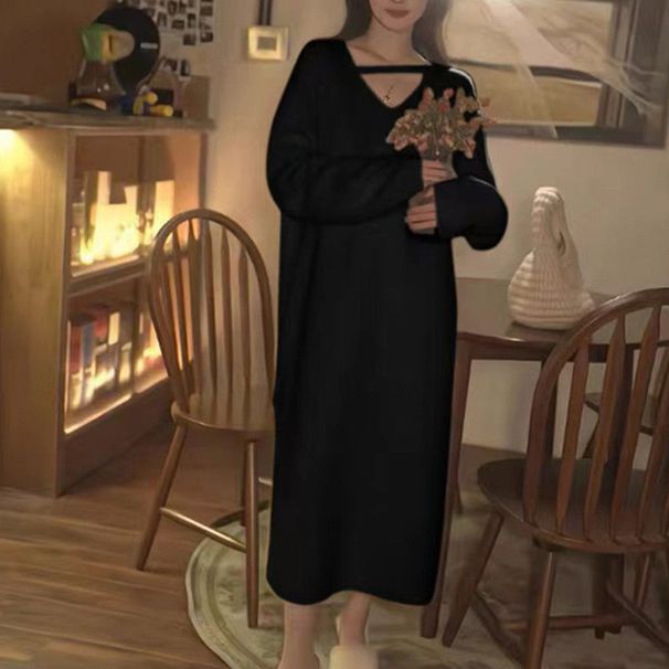 K New Knitted Dress With A Slimming Waistline, Suitable As A Base Layer, Long, Soft, And Warm, With A V-neck_ecoleips.com