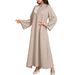 AB185 Abaya Muslim Long Sleeve Cotton Linen Elegant Embroidered Dress Solid Color Loose Fit Large Robe_ecoleips.com