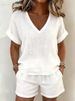 Women's V Neck Short Sleeve Elastic Shorts Set Casual Solid Color Two Piece Clothing American Style New_ecoleips.com