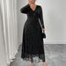 Women's Clothing Plus Size Clothes Luxury Jacquard Long Sleeve Dress – Elegant V-Neck Tie-Waist Gown With Mesh Detailing_ecoleips.com