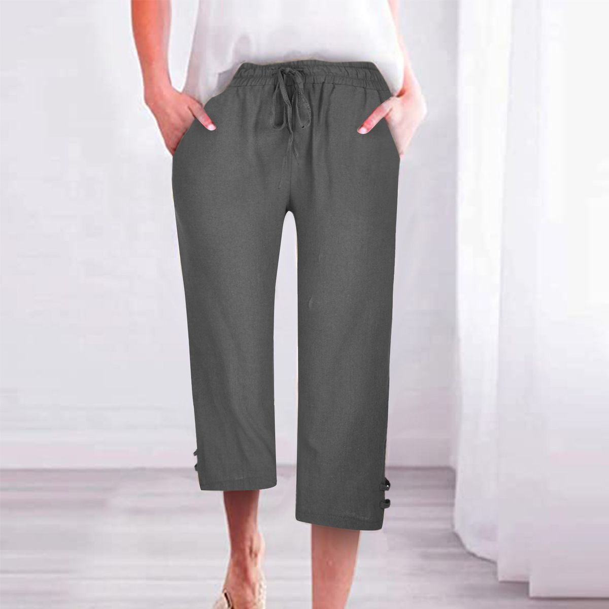 Suitable For All Seasons Summer Autumn New Women's Loose Breathable Linen Capri With Side Pockets And Split Hem Casual Pants_ecoleips.com