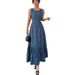 Women's Clothing Sleeveless Round Neck Tie Flower Denim Casual Simple Long Skirt_ecoleips.com
