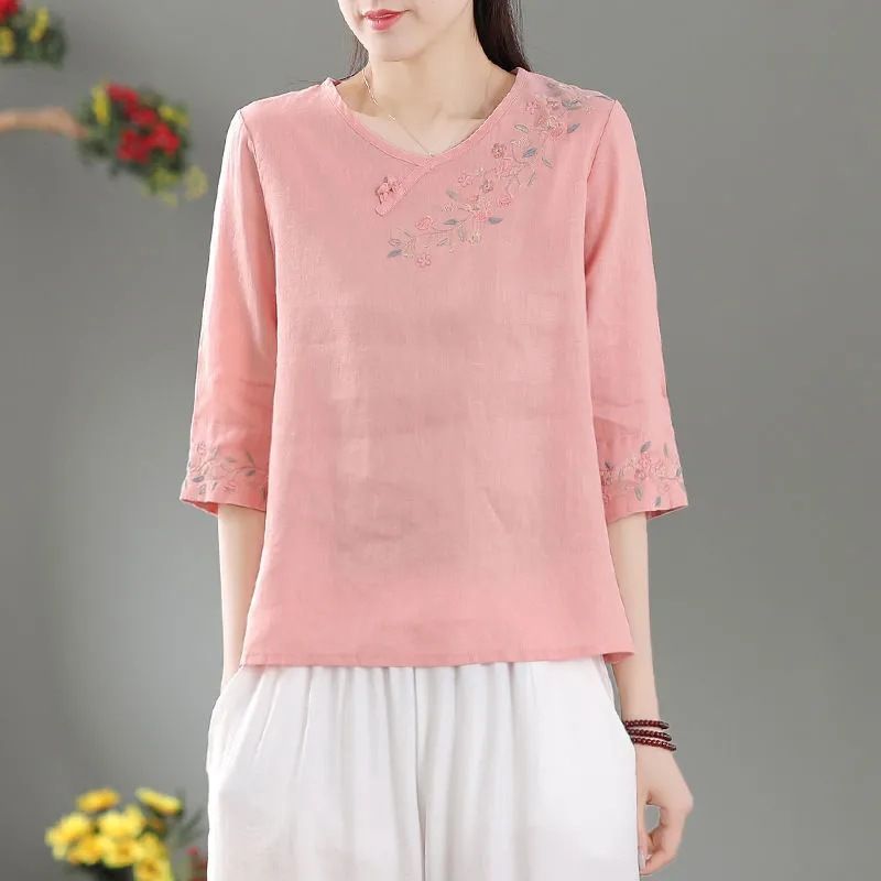 Summer Cotton And Linen Shirt For Women; Embroidered Top With A Retro, Artistic Design; Loose-Fitting Style That Flatter_ecoleips.com
