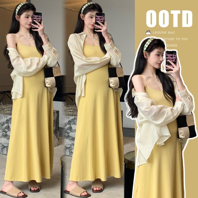 Autumn New Korean Fashion Stretch Camisole Dress + Sun Protection Cardigan Two-Piece Set For Pregnant Women_ecoleips.com
