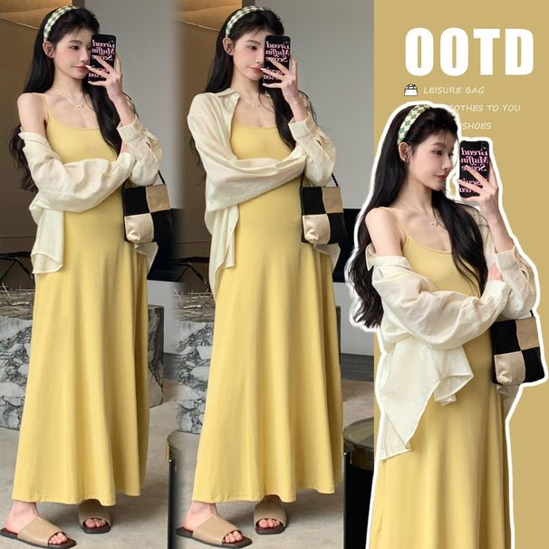Autumn New Korean Fashion Stretch Camisole Dress + Sun Protection Cardigan Two-Piece Set For Pregnant Women_ecoleips.com