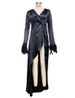 Women's Clothing Imitation Silk Slit V Neck Feather Sleeve Sexy Dress_ecoleips.com
