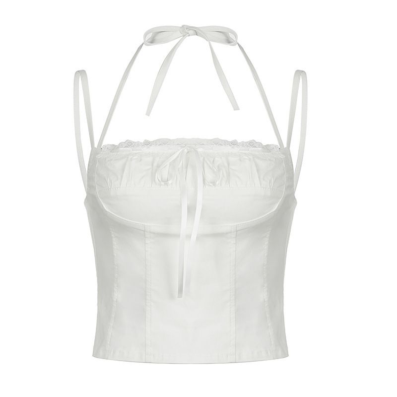 White Lace Tie-Up Camisole Top for Women Backless Girlish Vest Trendy Pure Alluring Design_ecoleips.com