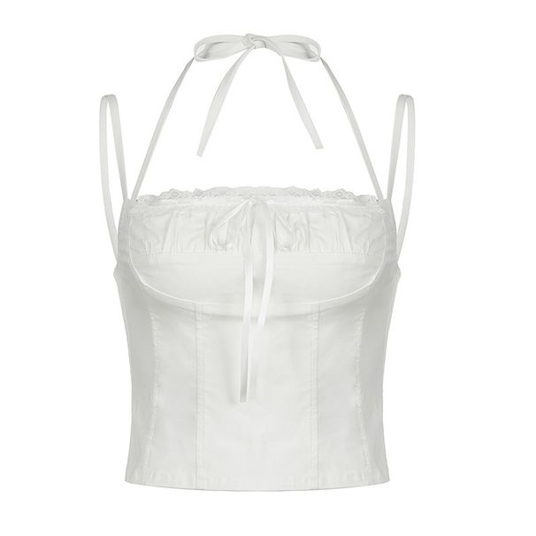White Lace Tie-Up Camisole Top for Women Backless Girlish Vest Trendy Pure Alluring Design_ecoleips.com