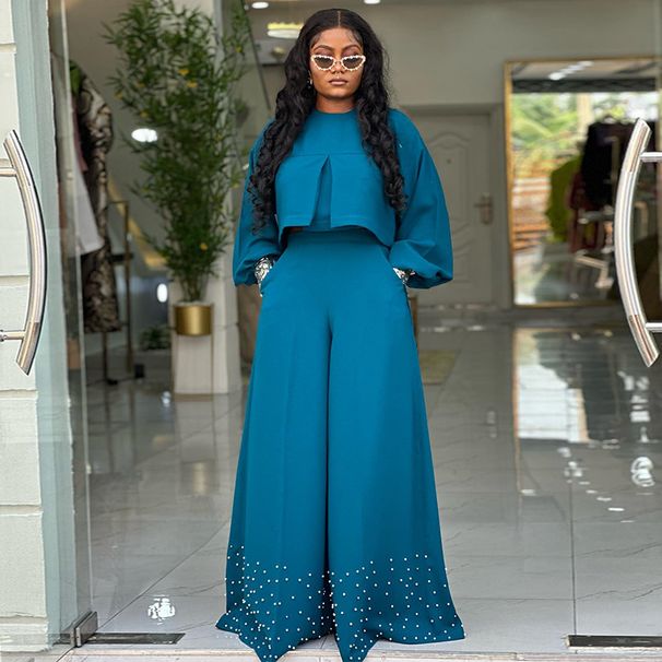 Women's Clothing Spring And Summer New Round Neck Irregular Lantern Sleeve Top Beaded Wide Leg Pants Suit_ecoleips.com