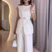 Summer Women's Sleeveless Belted High-Waist Wide Leg Pants Set – Office Chic & Casual Elegance, Polyester Stretchy Fabric, Black/White_ecoleips.com
