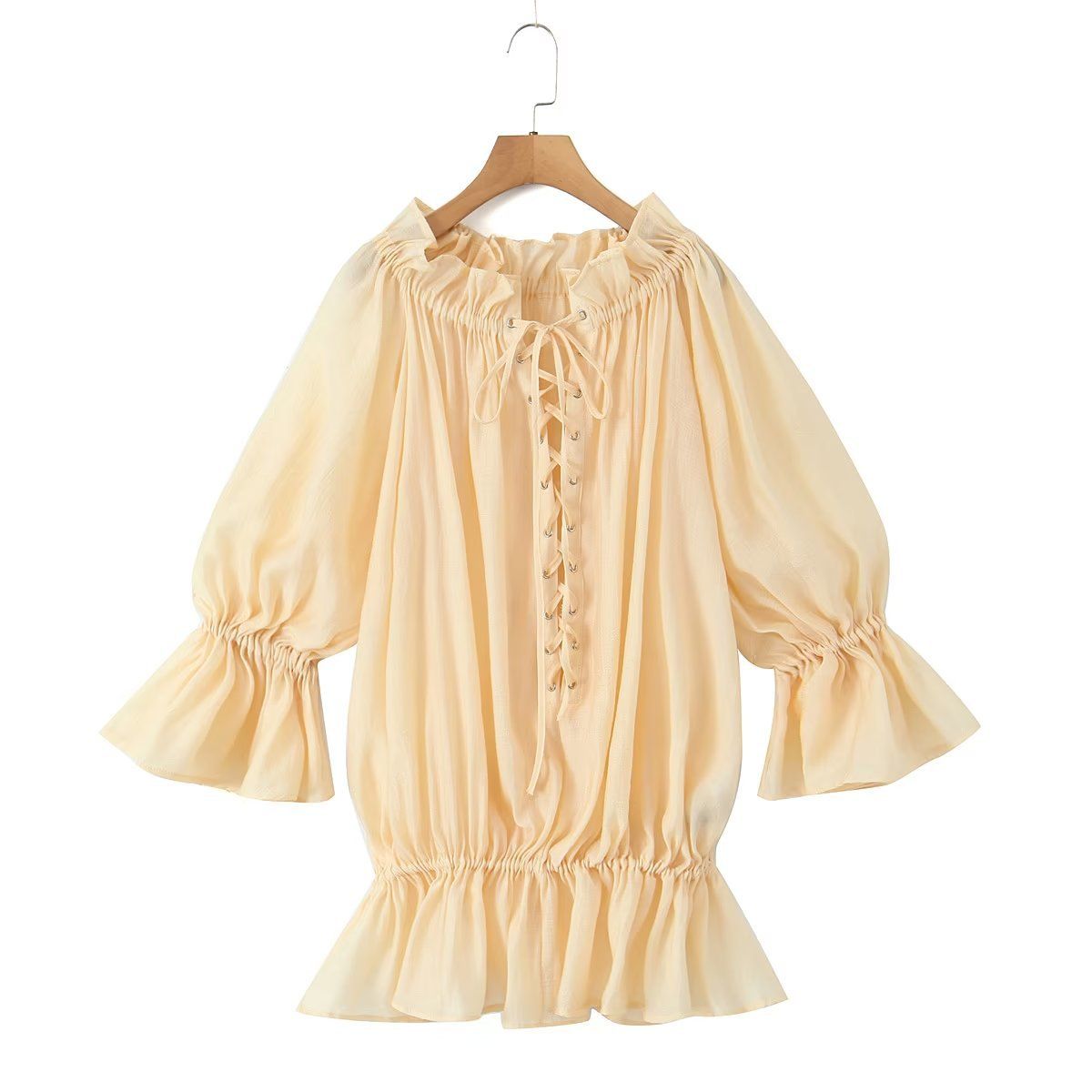 Verve Women's New Solid Color Long Sleeve Off-Shoulder Tie Shirt 6355_ecoleips.com
