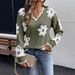 European And American Cross-Border Women's Fashion Hot-Selling Elegant Floral Jacquard Flower Knitted V-Neck Sweater_ecoleips.com