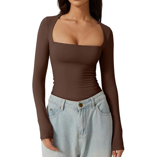 Women's Sexy Square Neck Shirt, Spicy Girl Autumn Top, Long Sleeved T-shirt, Slim Fit Pullover, Milk Silk T-shirt_ecoleips.com