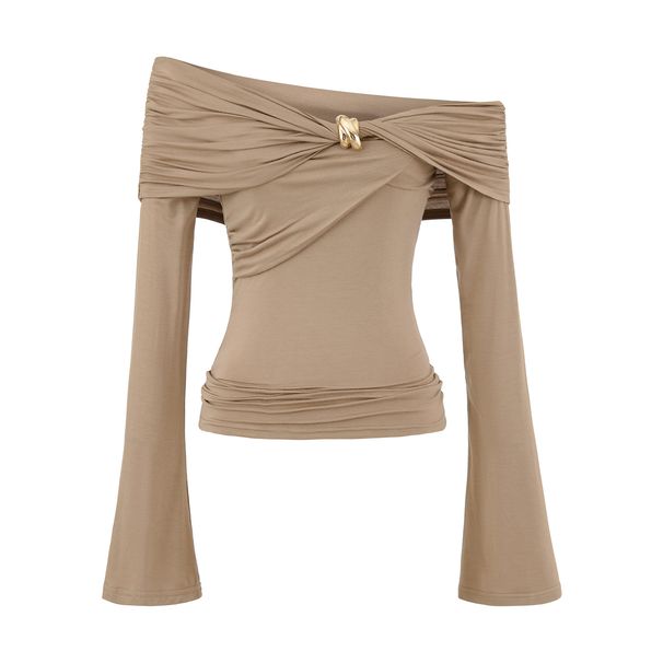 Women's Off-Shoulder Long Sleeve Top European American Style Metal Knot Solid Color T-Shirt For Autumn_ecoleips.com