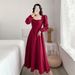Elegant Women's Long Sleeved Little Black Dress Hepburn Style Square Neckline Knee-Length Fashionable for Chinese New Year_ecoleips.com