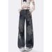 Women's Star Denim Cargo Pants, Autumn American Retro Street Style, Draped High Waist Loose Straight Wide Leg Long_ecoleips.com