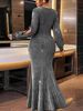 Women Plus Size LongSleeve VNeck Silver Glitter Knit Mermaid Maxi Dress Glam Sexy Summer Elegant Party NightOut Flattering Dress_ecoleips.com
