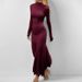 Women's Burgundy Elegant Round Neck Pleated Slim Fit Long Sleeve Bodycon Dress_ecoleips.com