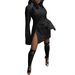 Women's Solid Color Single Breasted Mini Skirt Dress With Slit Long Sleeves Casual Elegant Autumn/Winter Fashion_ecoleips.com