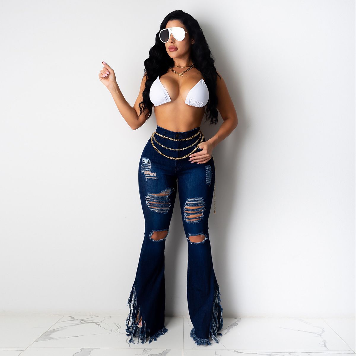 Women's Clothing Ripped Tassel Washed Jeans_ecoleips.com