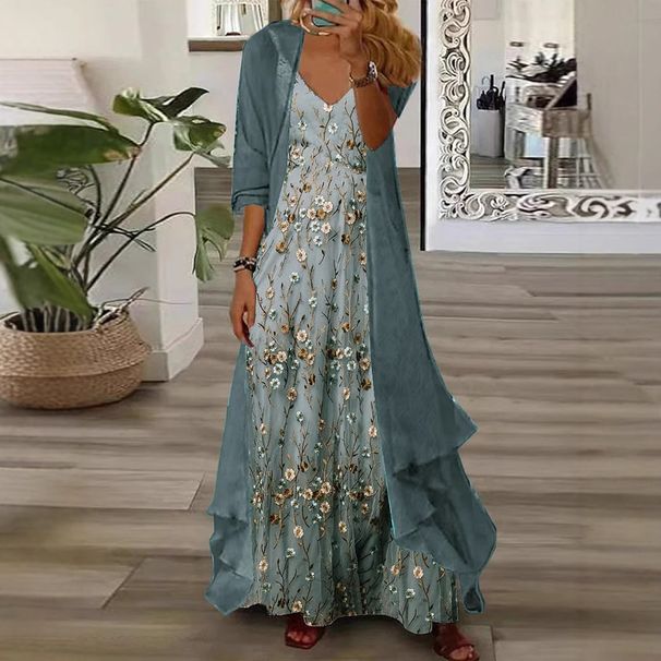 Elegant V Neck Printed Dress European American Style Chiffon Cardigan Women's Set Mother's Dress Retro Suspender Dress_ecoleips.com