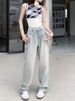 American-style Washed Denim Jeans For Women, Yellow Mud-dyed Straight-leg Pants, Trendy High Street Distressed Casual_ecoleips.com
