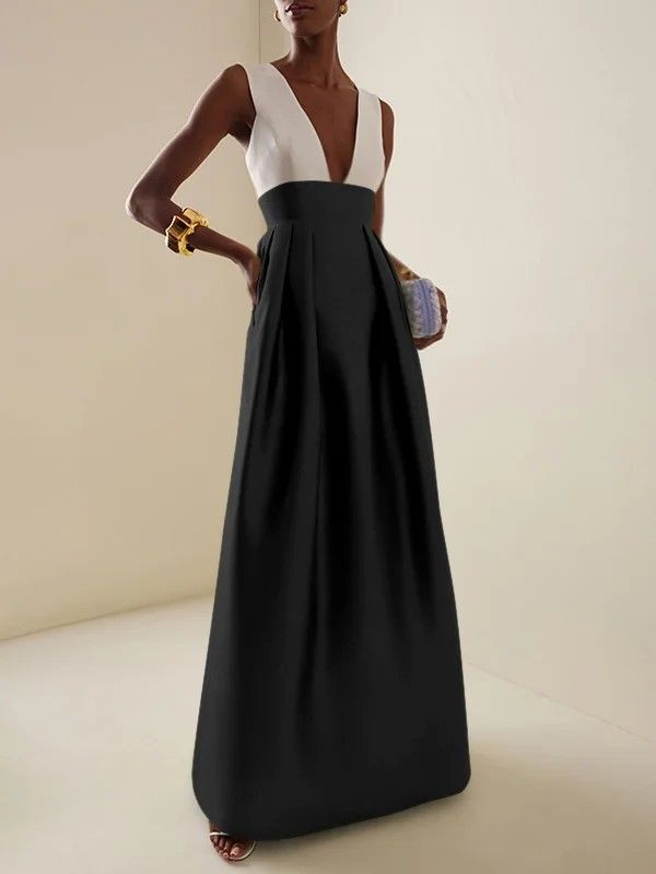 2025 Summer New Women's Sexy Slim Fit Patchwork Deep V Split Evening Party Dress_ecoleips.com