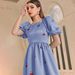 Elegant Women's Dress With Cinched Waist, Lantern Sleeves And Three-Dimensional Embroidered Flowers_ecoleips.com
