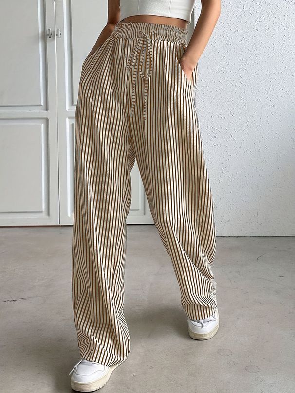 Women's High Waist Wide Leg Pants Drawstring Waist Pockets Soft Woven Polyester Straight Leg Trousers Casual Office Wear_ecoleips.com