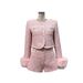 Detachable Fox Fur Trim Knit Coat & Shorts Set – Pearl Button Cardigan (Ivory/Pink, S-L)_ecoleips.com