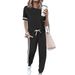 Women's Casual Two-Piece Set: Short Sleeve Tee With Stripe Accents & Drawstring Jogger Pants, Relaxed Fit Loungewear Outfit_ecoleips.com