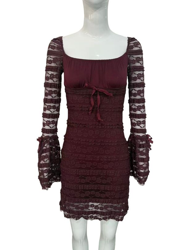 Women's Sexy Plunging Ruched Flared Long Sleeve Bodycon Mini Dress – Ins Style Fall Gown_ecoleips.com