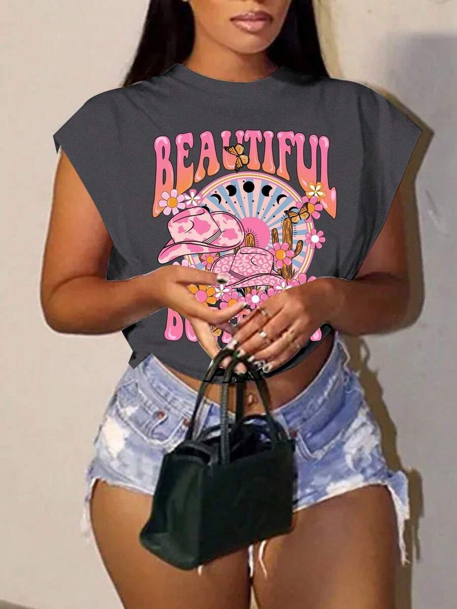 Women's Floral Butterfly round Neck Short Sleeve Cropped Top Casual Fashion Digital 3D Print One Piece Polyester T-Shirt_ecoleips.com